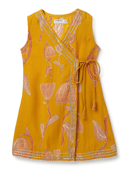 Girls Yellow Printed Ethnic Kurta with Pants Set