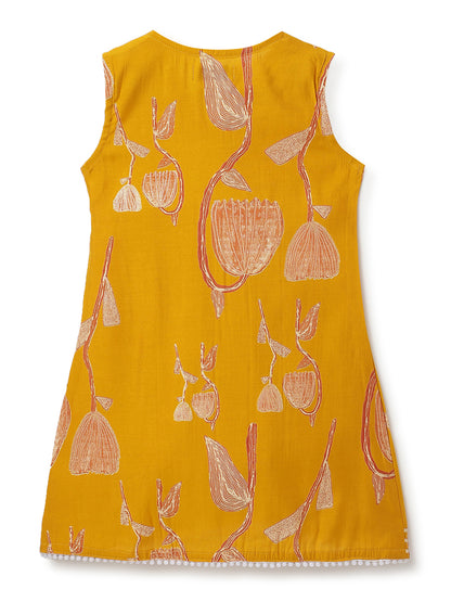 Girls Yellow Printed Ethnic Kurta with Pants Set