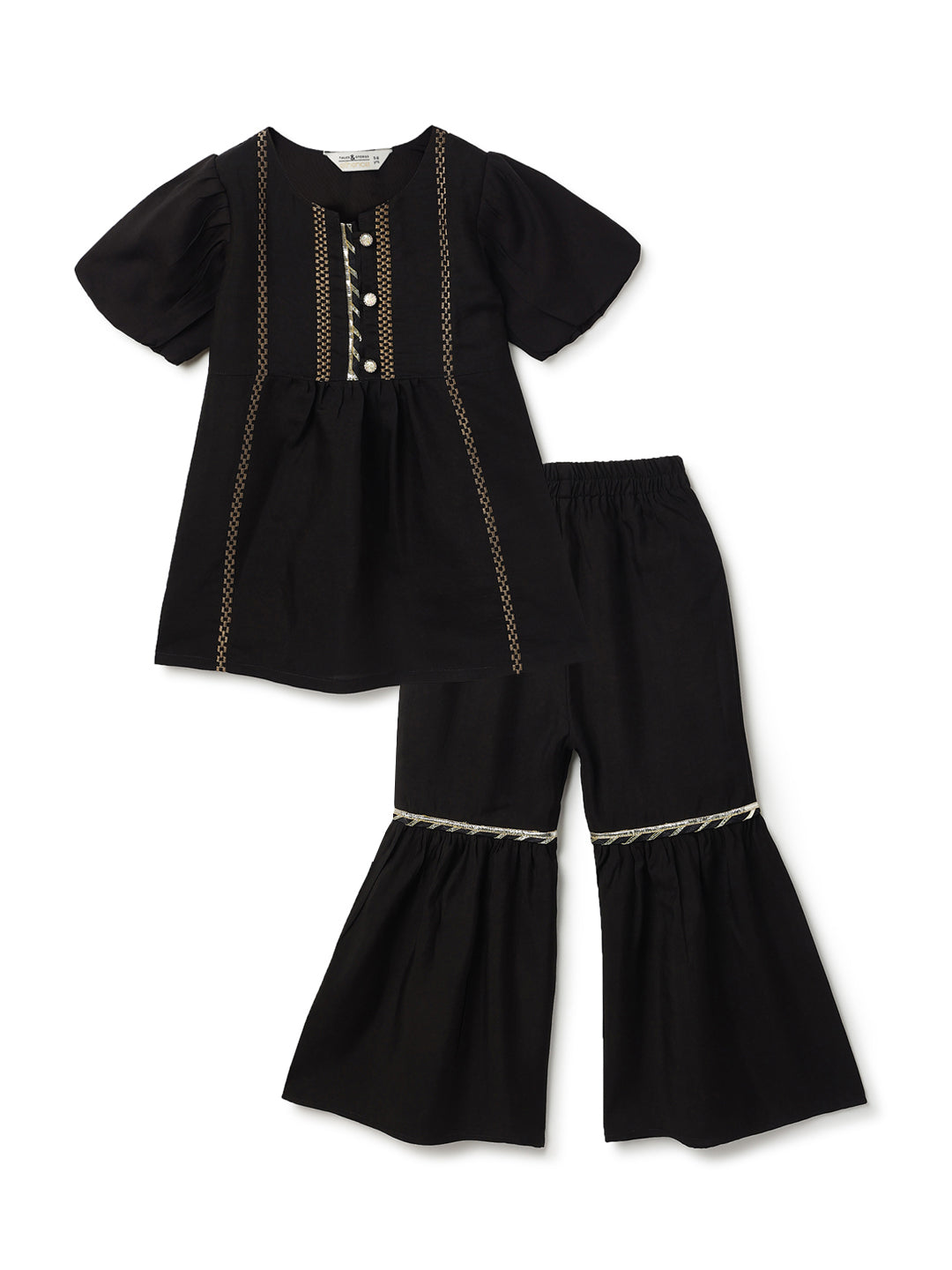 Girls Black Chanderi Embroidered Ethnic Kurta & Sharara Set