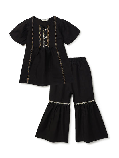 Girls Black Chanderi Embroidered Ethnic Kurta & Sharara Set