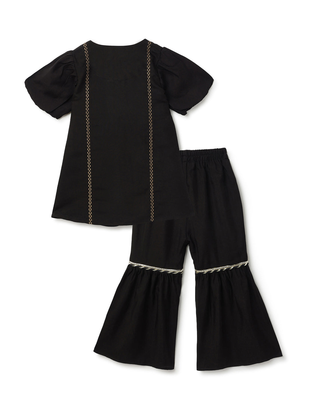 Girls Black Chanderi Embroidered Ethnic Kurta & Sharara Set