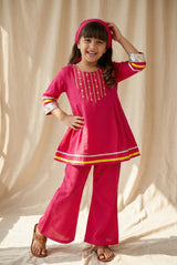 Girls Dark Pink Kurti & Pant Embroidered Ethnic Wear Set