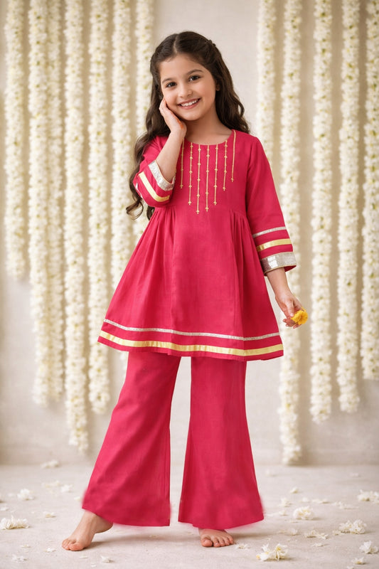 Girls Dark Pink Kurti & Pant Embroidered Ethnic Wear Set