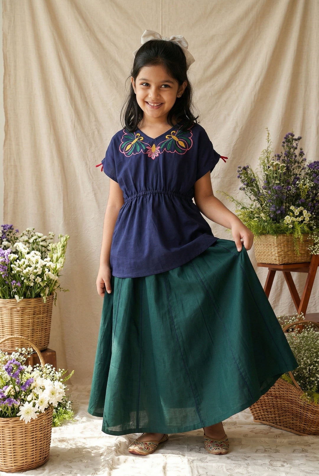Girls Navy Blue Top & Green Skirt Embroidered Ethnic Wear Set
