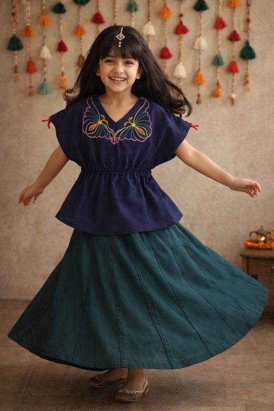 Girls Navy Blue Top & Green Skirt Embroidered Ethnic Wear Set