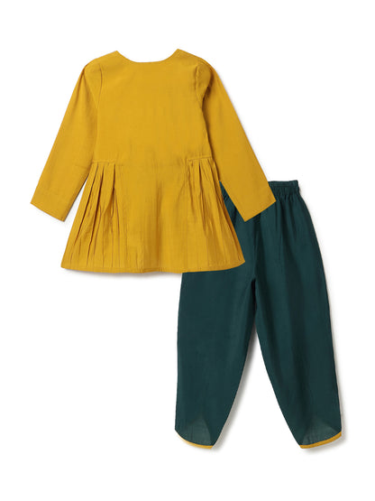 Girls Yellow & Green Ethnic Top & Dhoti Set
