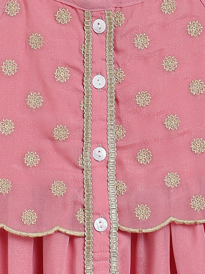 Girls Pink Georgette Embroidered Ethnic Wear Kurta Palazzo Set