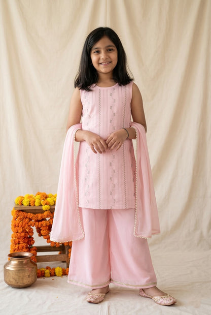 Girls Georgette Embroidered Pink Kurta Palazzo Dupatta Set