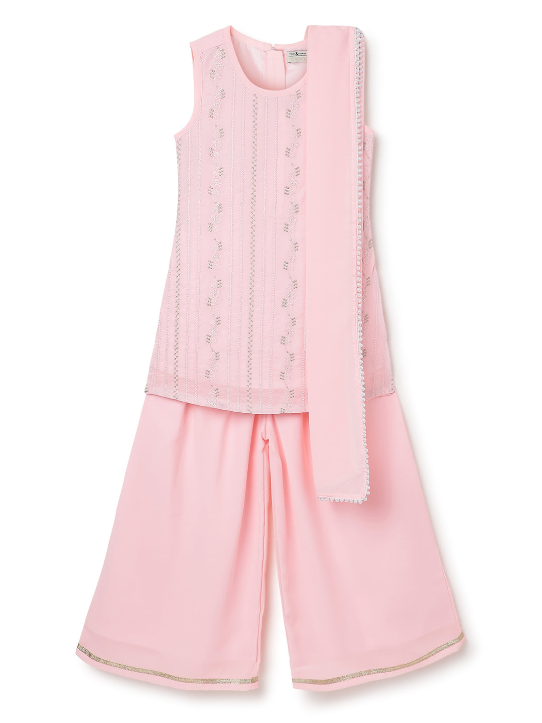 Girls Georgette Embroidered Pink Kurta Palazzo Dupatta Set