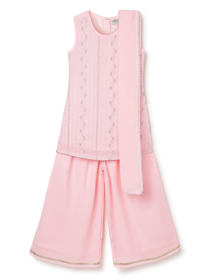 Girls Georgette Embroidered Pink Kurta Palazzo Dupatta Set