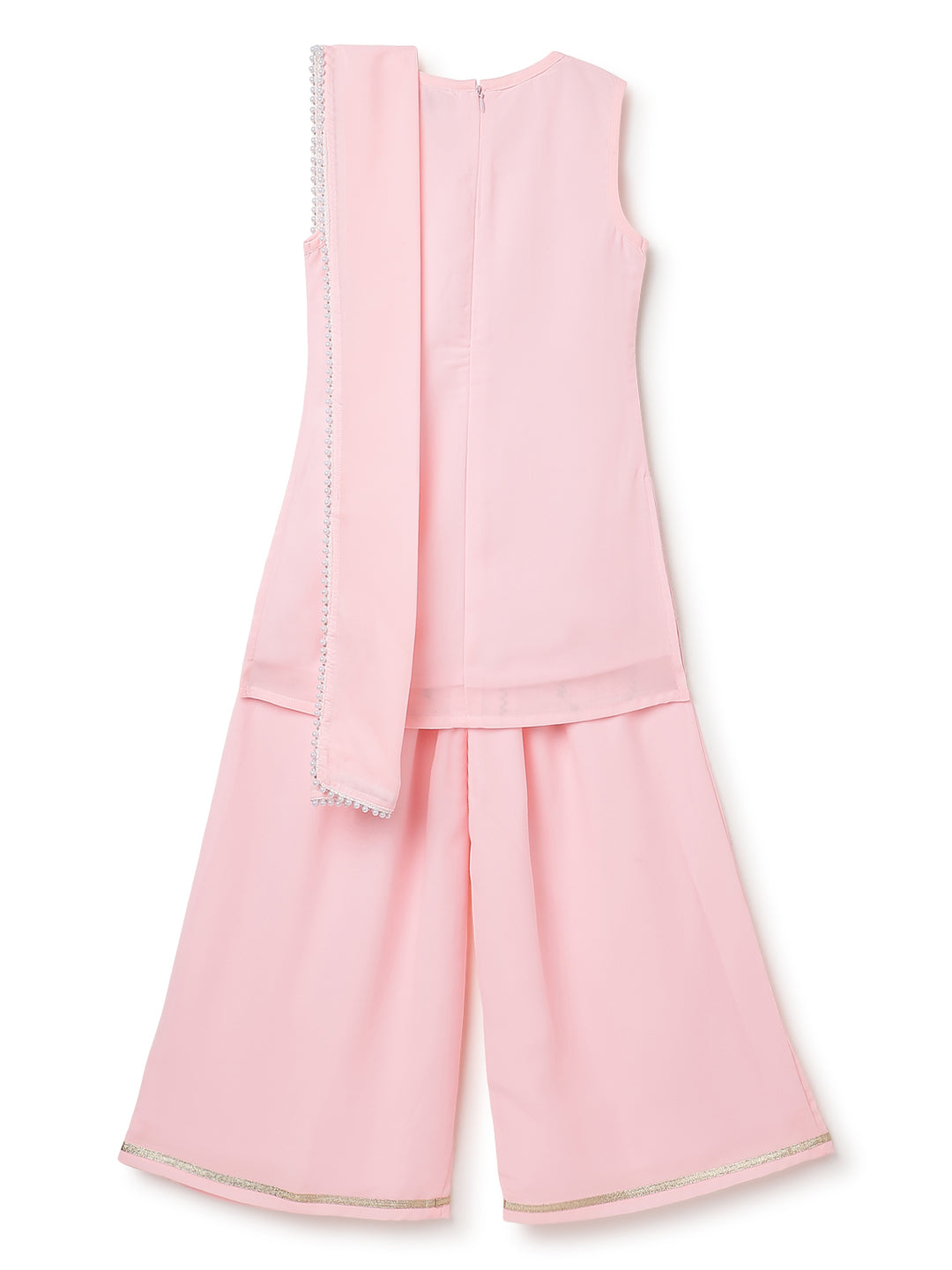Girls Georgette Embroidered Pink Kurta Palazzo Dupatta Set