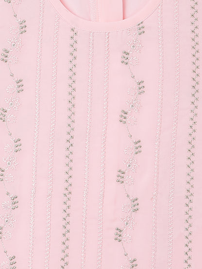 Girls Georgette Embroidered Pink Kurta Palazzo Dupatta Set