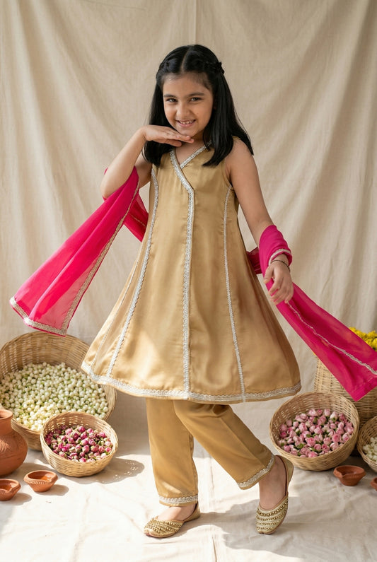 Girls Viscose Khaki Kurta Pant With Dupatta Ethnic Set