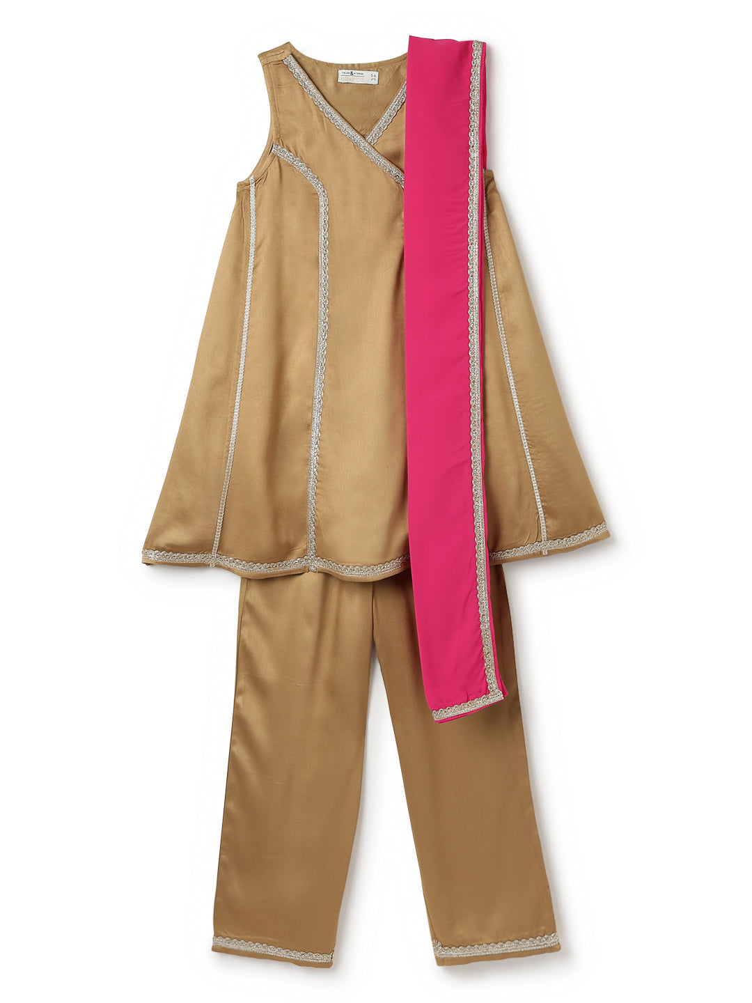 Girls Viscose Khaki Kurta Pant With Dupatta Ethnic Set