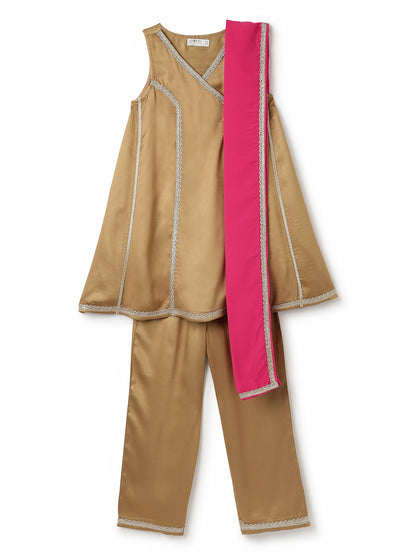 Girls Viscose Khaki Kurta Pant With Dupatta Ethnic Set