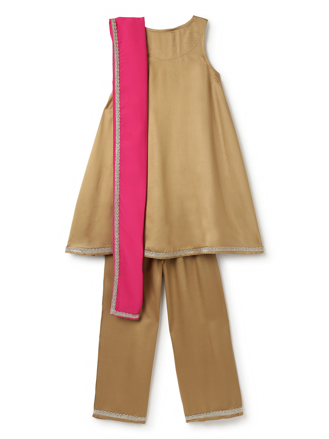 Girls Viscose Khaki Kurta Pant With Dupatta Ethnic Set