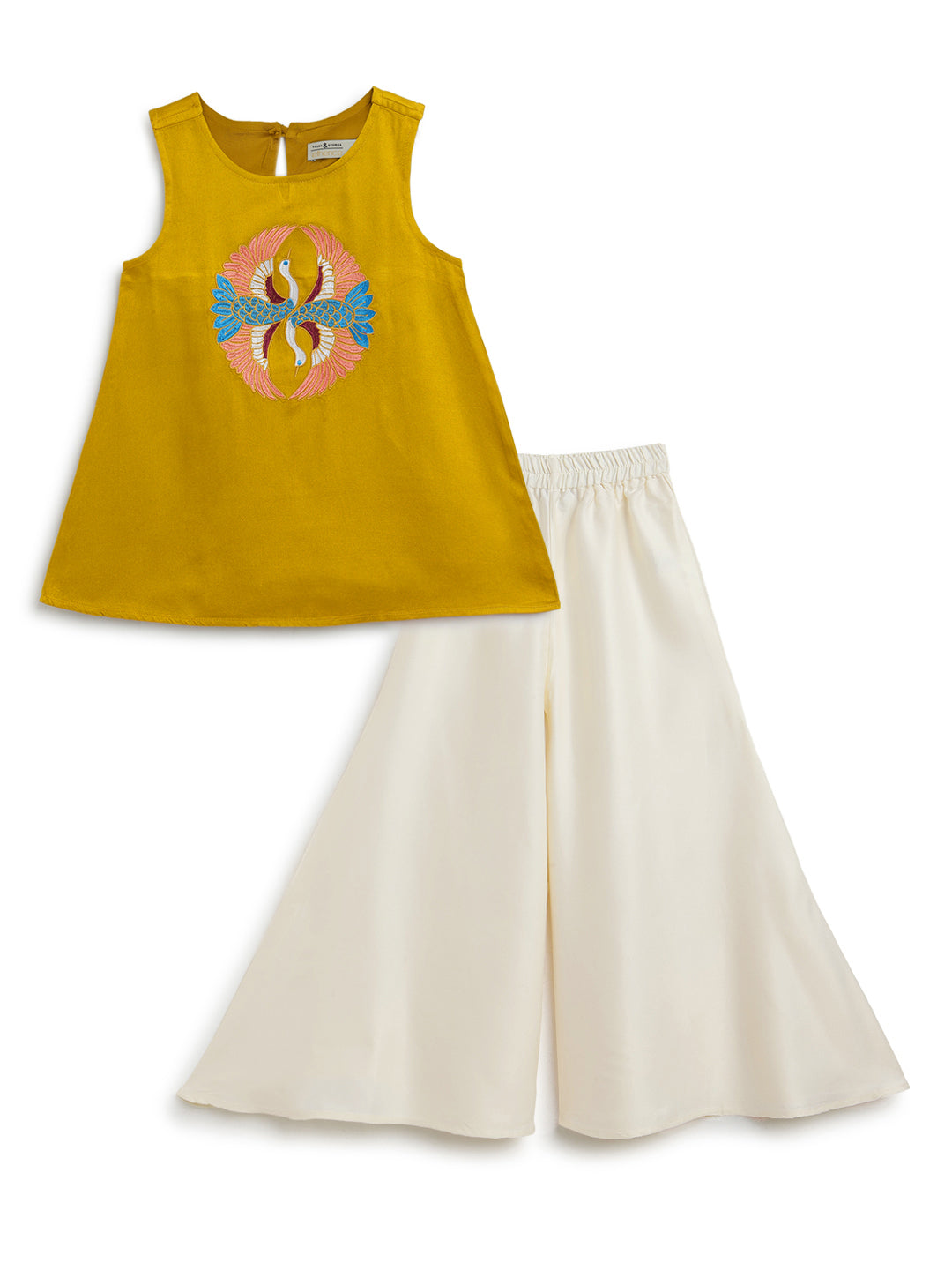 Girls Yellow & Cream Embroidered Ethnic Kurta Pant Set
