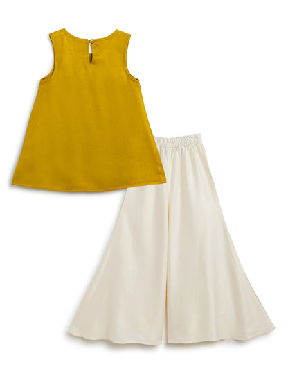 Girls Yellow & Cream Embroidered Ethnic Kurta Pant Set