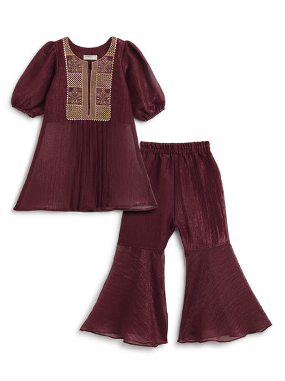Girls Crushed Georgette Maroon Embroidered Kurta & Sharara Set