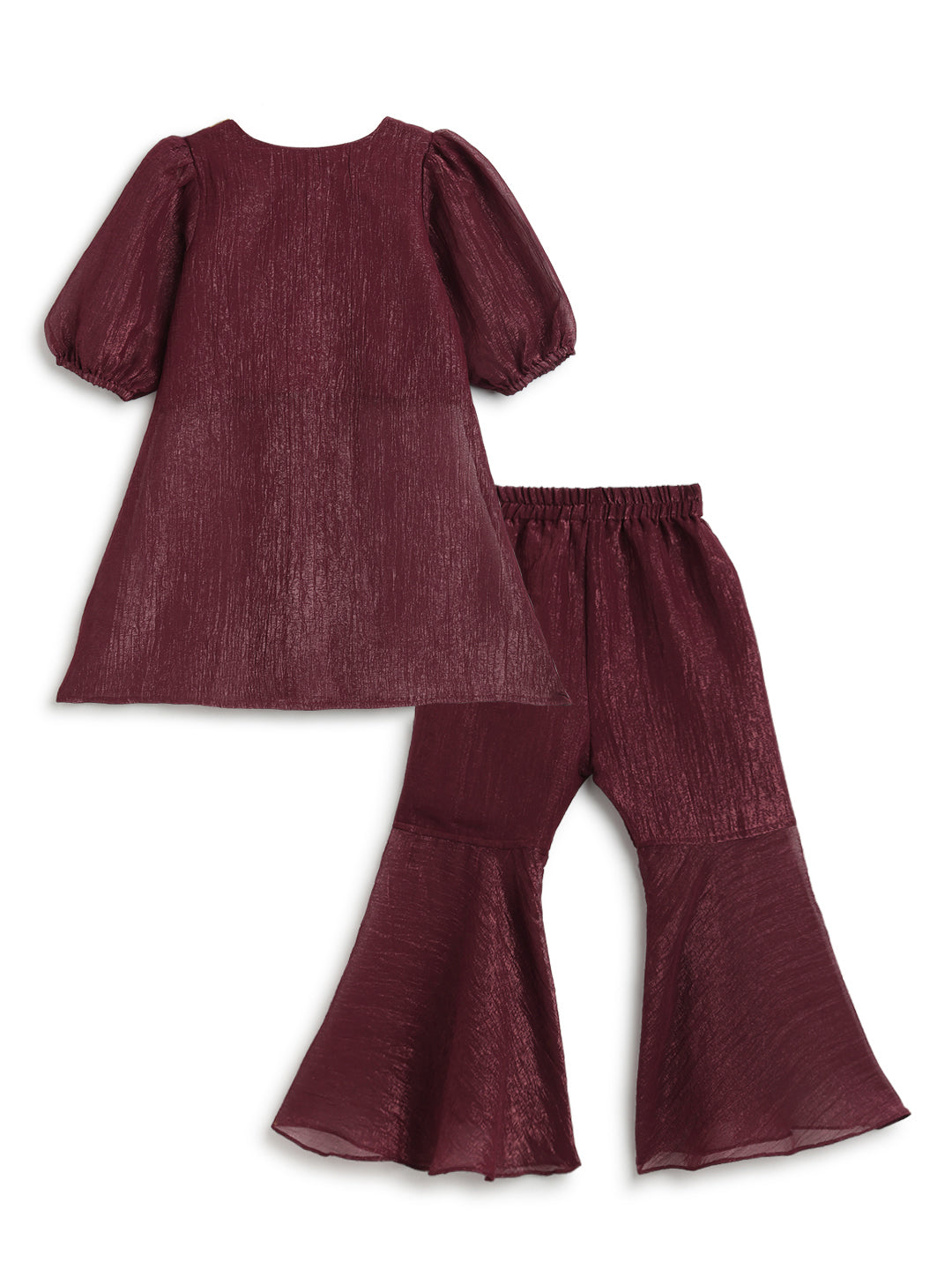 Girls Crushed Georgette Maroon Embroidered Kurta & Sharara Set