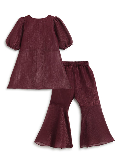 Girls Crushed Georgette Maroon Embroidered Kurta & Sharara Set