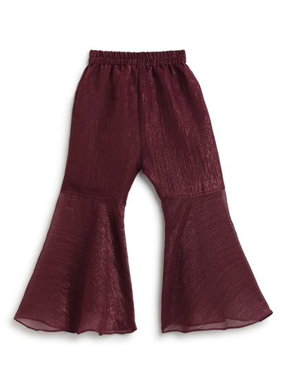 Girls Crushed Georgette Maroon Embroidered Kurta & Sharara Set