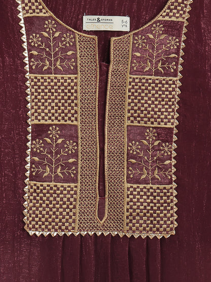 Girls Crushed Georgette Maroon Embroidered Kurta & Sharara Set