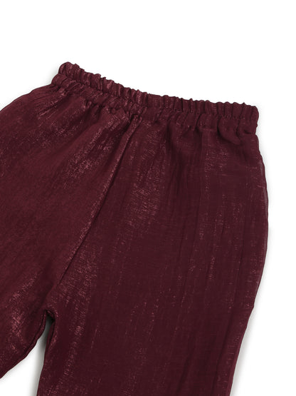 Girls Crushed Georgette Maroon Embroidered Kurta & Sharara Set