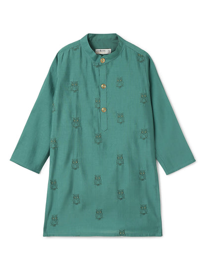 Boys Green Embroidered Ethnic Kurta Pyjama Set