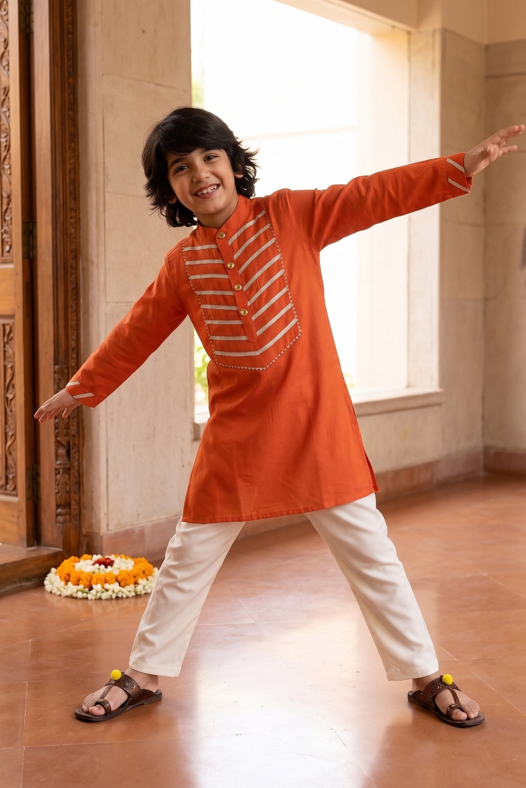 Boys Chanderi Rust & Cream Kurta Pyjama Set