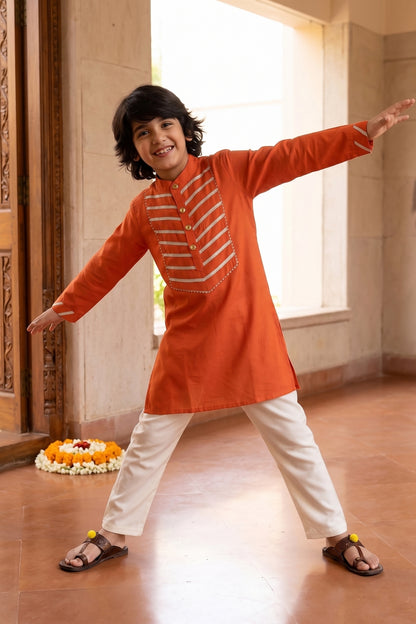 Boys Chanderi Rust & Cream Kurta Pyjama Set