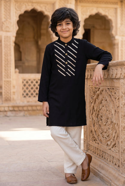 Boys Chanderi Black & Cream Ethnic Kurta Payjama Set