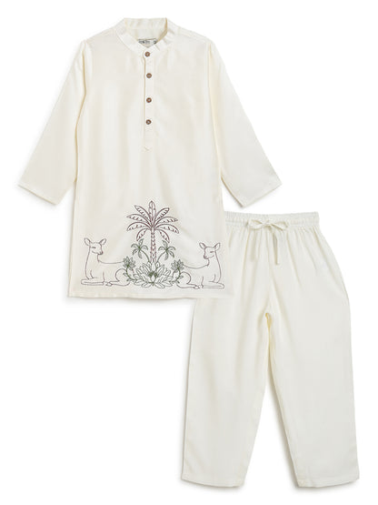 Boys Cream Viscose Embroidered Ethnic Wear Kurta Pyjama Set