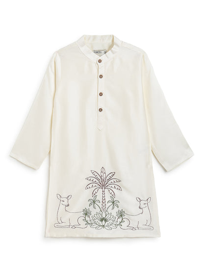 Boys Cream Viscose Embroidered Ethnic Wear Kurta Pyjama Set