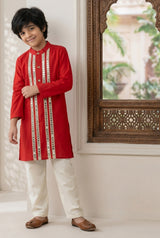 Boys Chanderi Ethnic Kurta Pajama Set with Mirror Work Lace Design