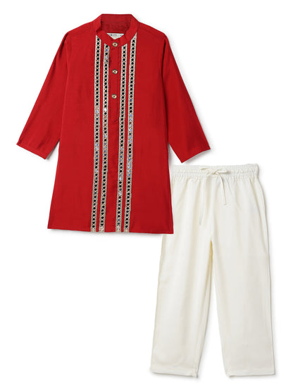 Boys Chanderi Ethnic Kurta Pajama Set with Mirror Work Lace Design