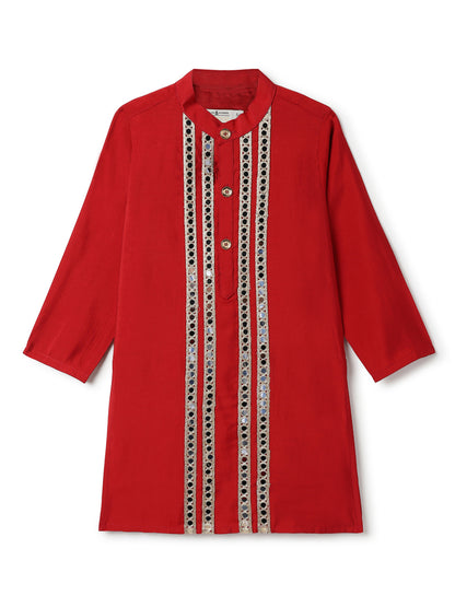 Boys Chanderi Ethnic Kurta Pajama Set with Mirror Work Lace Design