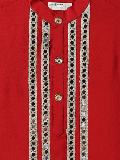 Boys Chanderi Ethnic Kurta Pajama Set with Mirror Work Lace Design