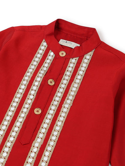 Boys Chanderi Ethnic Kurta Pajama Set with Mirror Work Lace Design