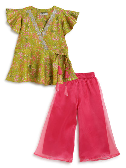 Girls Green & Pink Viscose Printed Ethnic Wear Top Palazzo Set