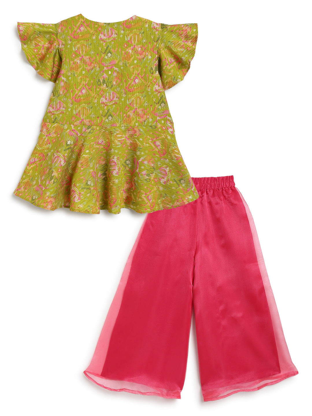 Girls Green & Pink Viscose Printed Ethnic Wear Top Palazzo Set