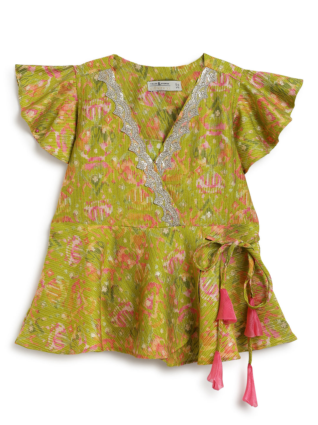 Girls Green & Pink Viscose Printed Ethnic Wear Top Palazzo Set