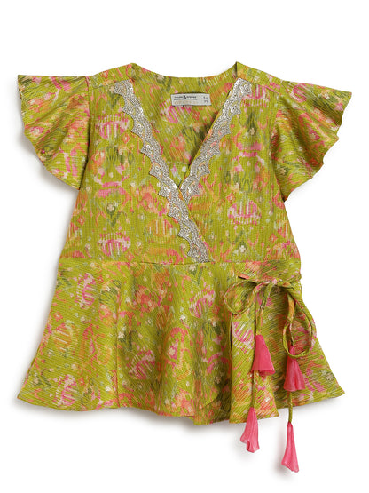 Girls Green & Pink Viscose Printed Ethnic Wear Top Palazzo Set
