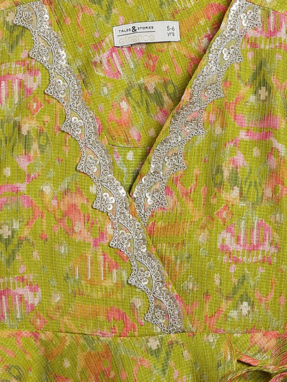 Girls Green & Pink Viscose Printed Ethnic Wear Top Palazzo Set