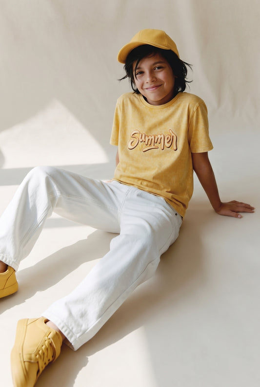 Boys Mustard Yellow 100% Cotton Printed T-shirt
