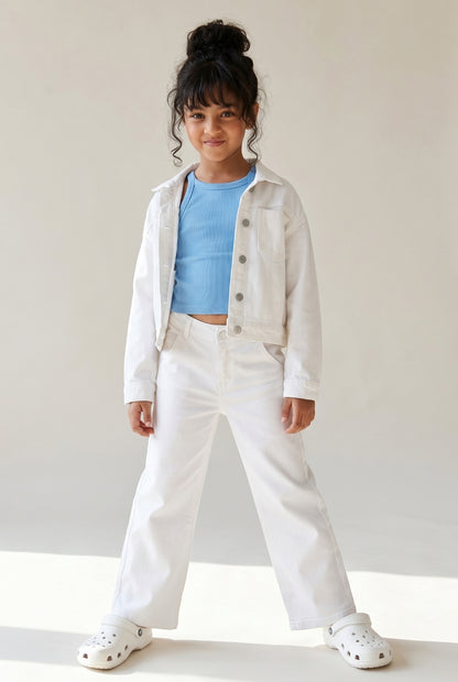 Girls Denim White Wide Leg Flared Jeans