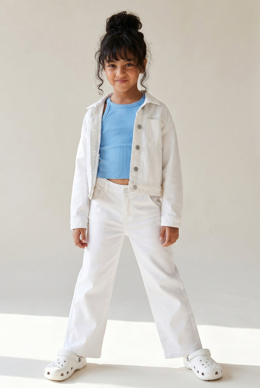 Girls Denim White Wide Leg Flared Jeans