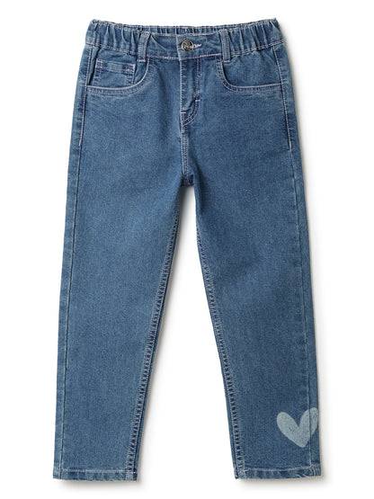 Girls Blue Lycra Printed Jeans