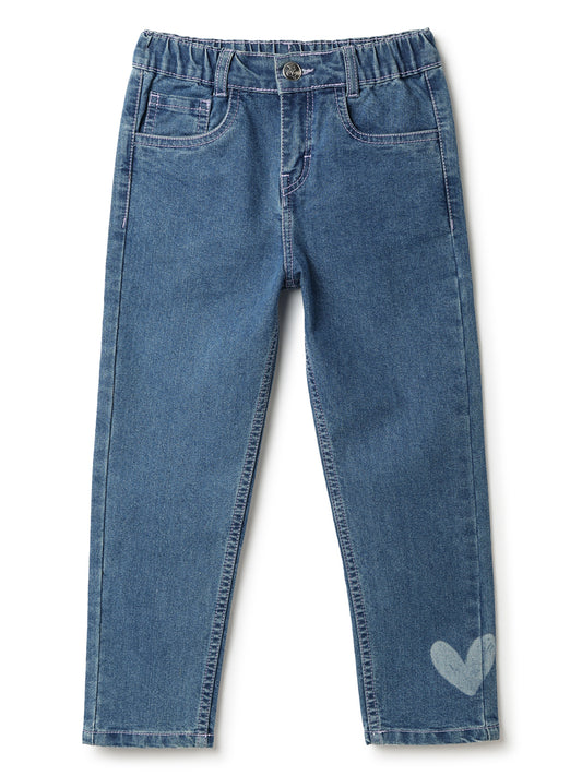 Girls Blue Lycra Printed Jeans