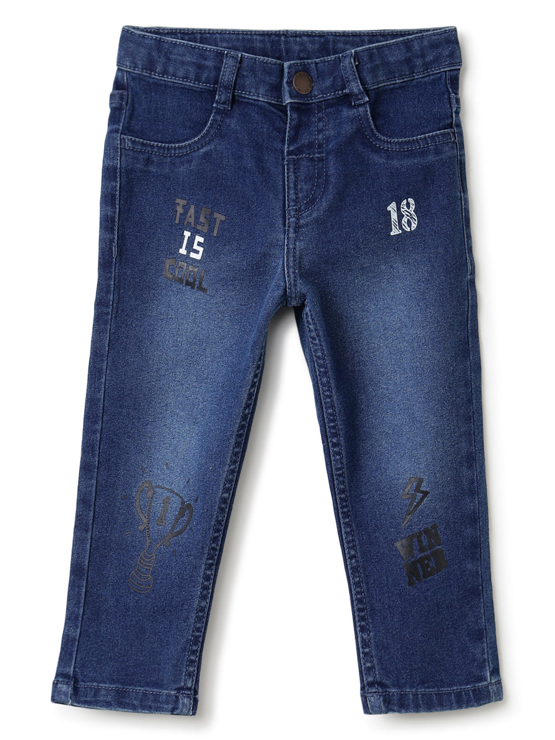 Boys Dark Blue Printed Slim Fit Stretchable Denim Jeans